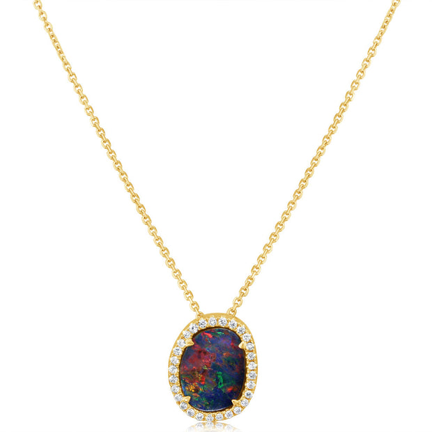 14K Yellow Gold Australian Opal Doublet/Diamond Pendant