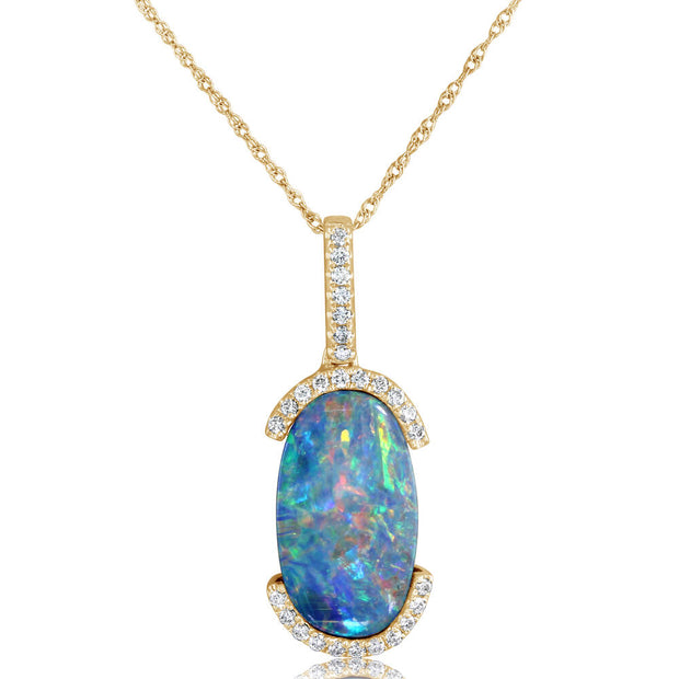 14K Yellow Gold Australian Opal Doublet/Diamond Pendant
