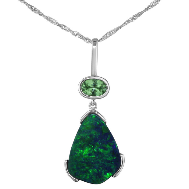 14K White Gold Australian Opal Doublet/Mint Garnet Pendant