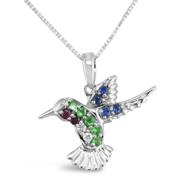 14K White Gold Ruby/Tsavorite/Blue & Green Sapphire Small Hummingbird (18x19)