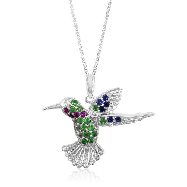 14K White Gold Ruby/Tsavorite/Blue & White Sapphire Reversible Hummingbird Pend (22x25.5)