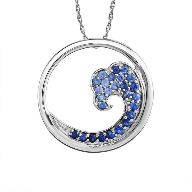 Sterling Silver Nature Graduated Blue Sapphire Wave 20mm Pendant