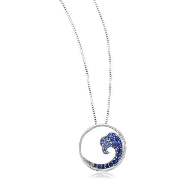 14K White Gold Nature Graduated Blue Sapphire Wave 20mm Pendant