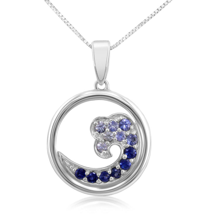 Sterling Silver Nature Graduated Blue Sapphire Wave 15mm Pendant