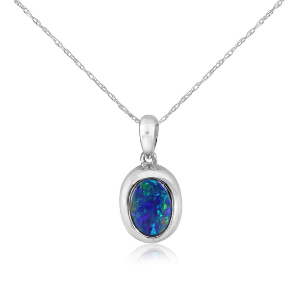 14K White Gold 5x7 Oval Australian Opal Doublet Pendant with Bail