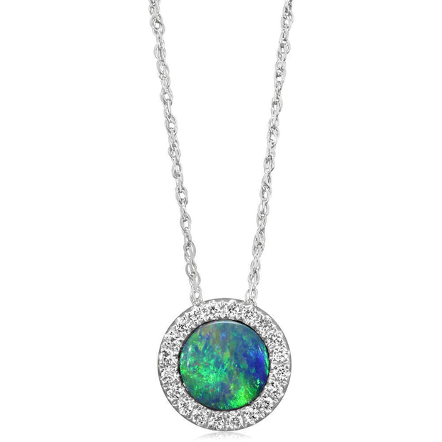 14K White Gold Australian Opal Doublet/Diamond Pendant with Chain