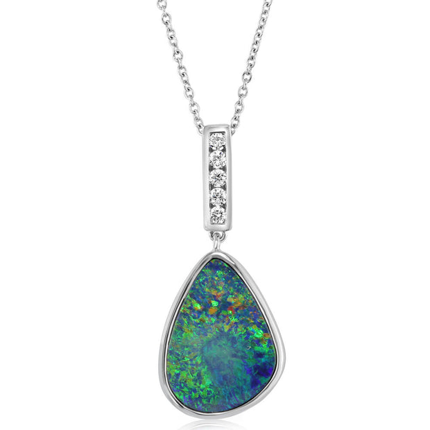 14K White Gold Australian Opal Doublet/Diamond Pendant