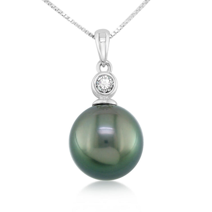 14K White Gold Tahitian Pearl 9mm/Diamond Bezel Pendant