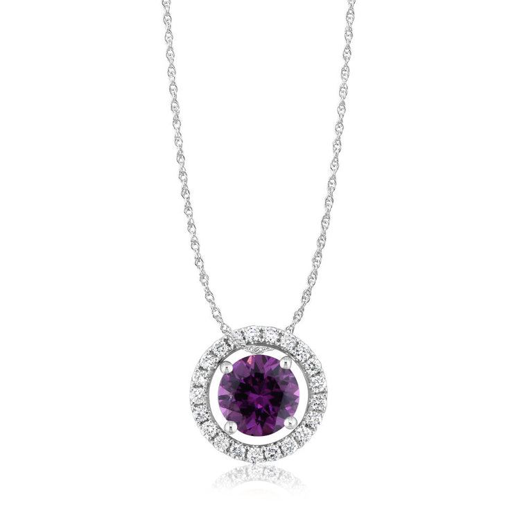 14K White Gold 6mm Round Purple Garnet/Diamond Pendant Set with Chain
