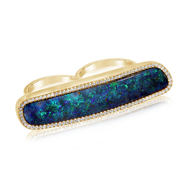 18K Yellow Gold Australian Boulder Opal/Diamond Two-Finger Ring