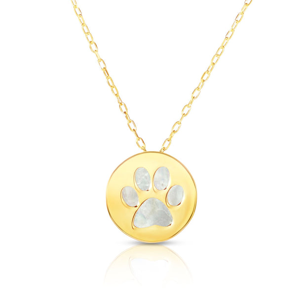 14K Gold Paw Print Mother of Pearl Necklace