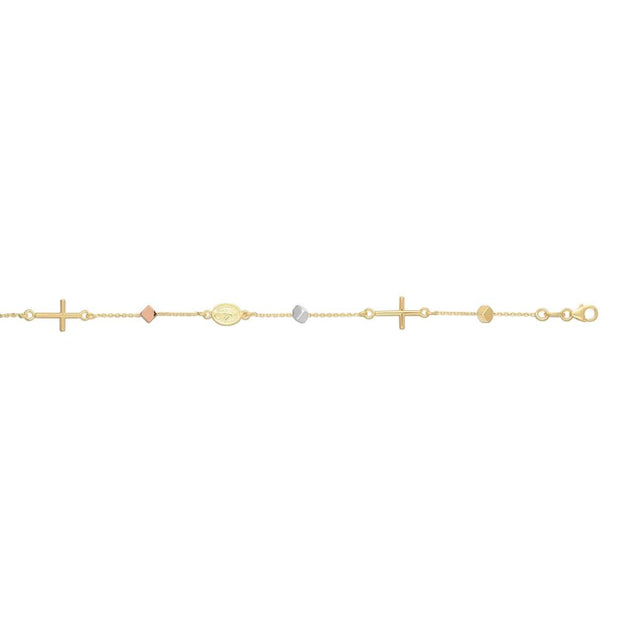 14K Tri-color Gold Polished Cube & Cross Bracelet