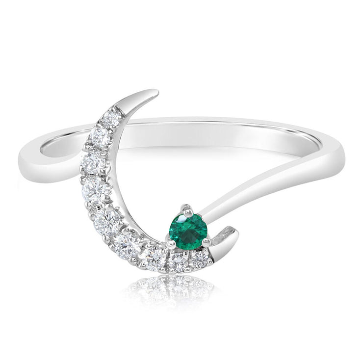 14K White Gold Emerald/Diamond Moon Ring
