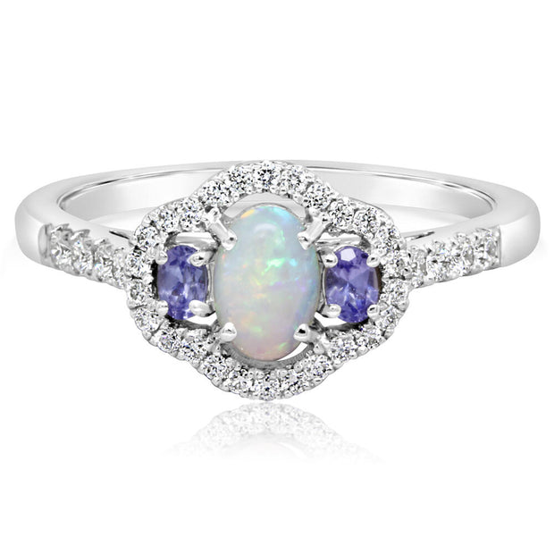 14K White Gold Australian Opal/Tanzanite/Diamond Ring