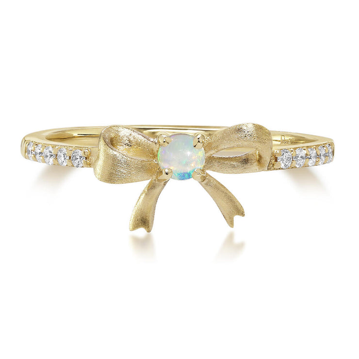14K Yellow Gold Australian Opal Diamond Bow Ring