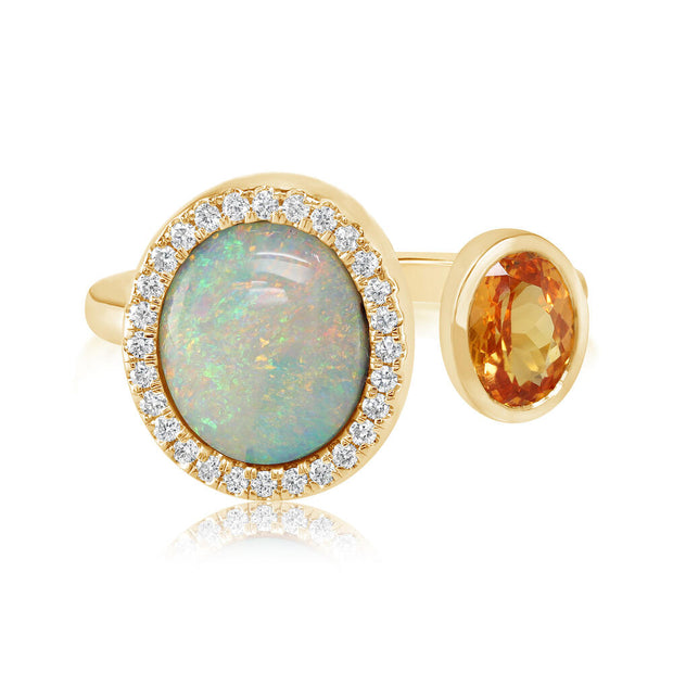 18K Yellow Gold Australian Boulder Opal/Mandarin Garnet/Diamond Ring