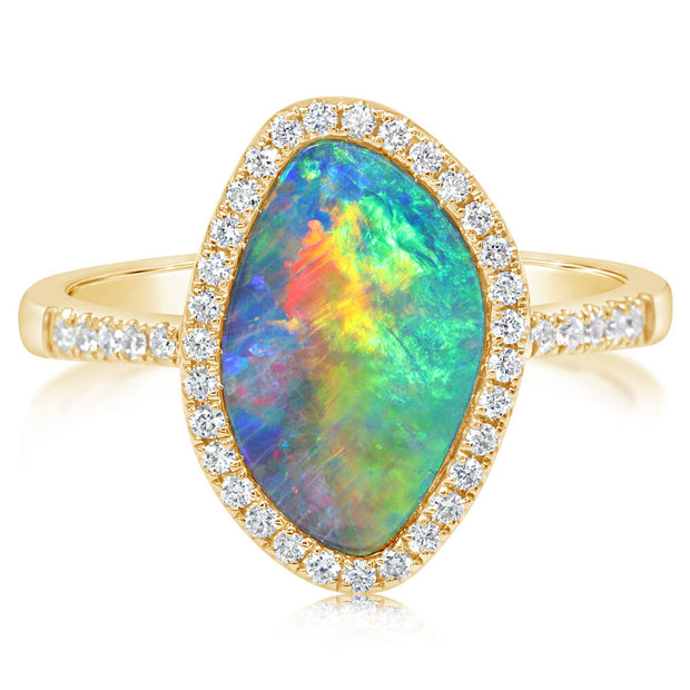 14K Yellow Gold Australian Opal Doublet/Diamond Ring ,