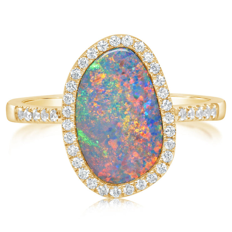 14K Yellow Gold Australian Opal Doublet/Diamond Ring ,