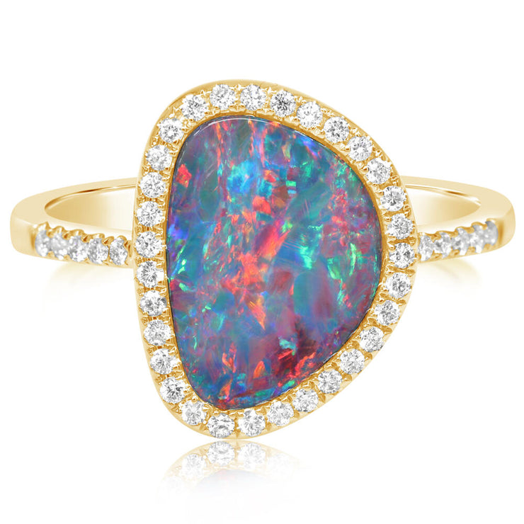 14K Yellow Gold Australian Opal Doublet/Diamond Ring ,
