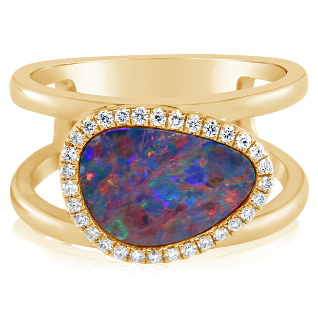 14K Yellow Gold Australian Opal Doublet/Diamond Ring