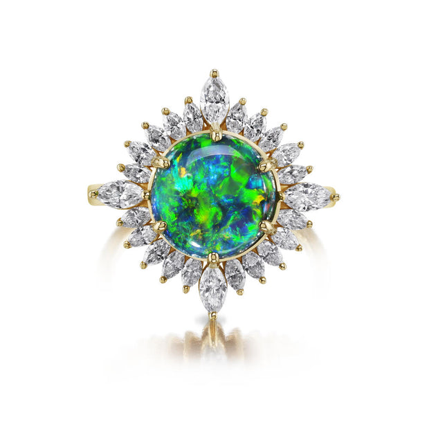 18K Yellow Gold Australian Black Opal/Diamond Sunflower Ring