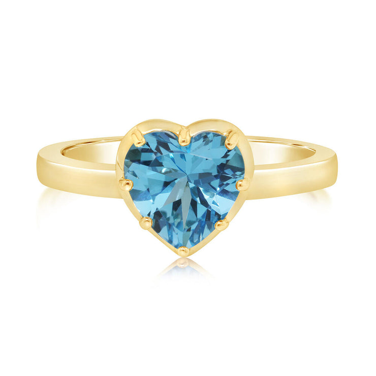 14K Yellow Gold 8mm Heart Blue Topaz Ring
