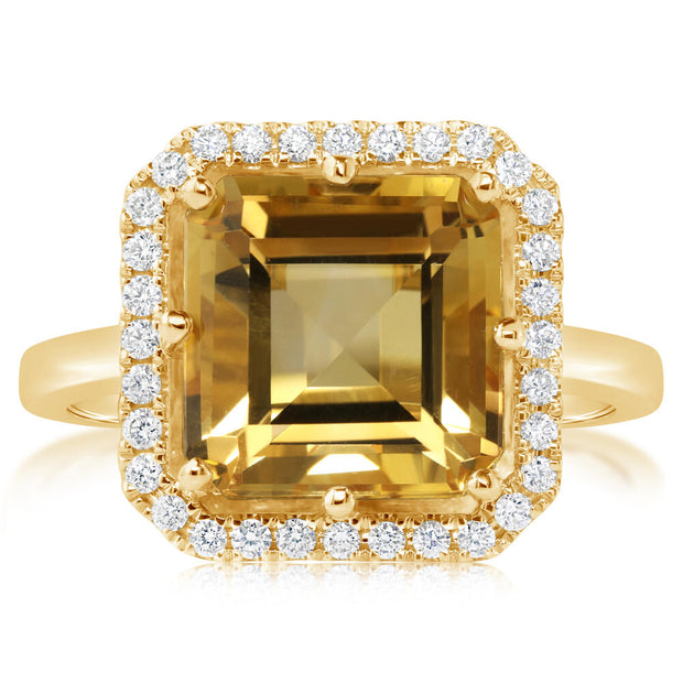 14K Yellow Gold 10mm Octagon/Square Citrine/Diamond Ring