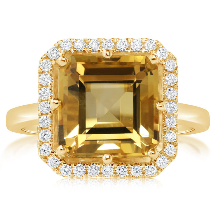 14K Yellow Gold 10mm Octagon/Square Citrine/Diamond Ring