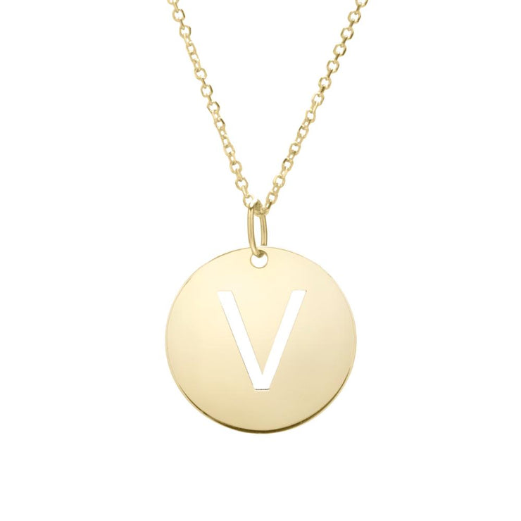 14K Gold Disc Initial V Necklace