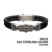 Genuine Sterling Silver with Double Braid Black Leather & 40pc Black CZ Bracelet