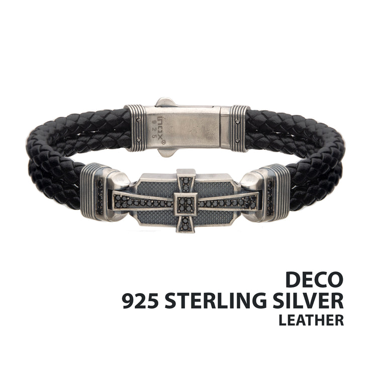 Genuine Sterling Silver with Double Braid Black Leather & 40pc Black CZ Bracelet