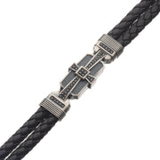 Genuine Sterling Silver with Double Braid Black Leather & 40pc Black CZ Bracelet