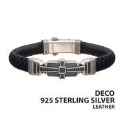 Genuine Sterling Silver with Black & Blue Leather & 40pc Black CZ Bracelet
