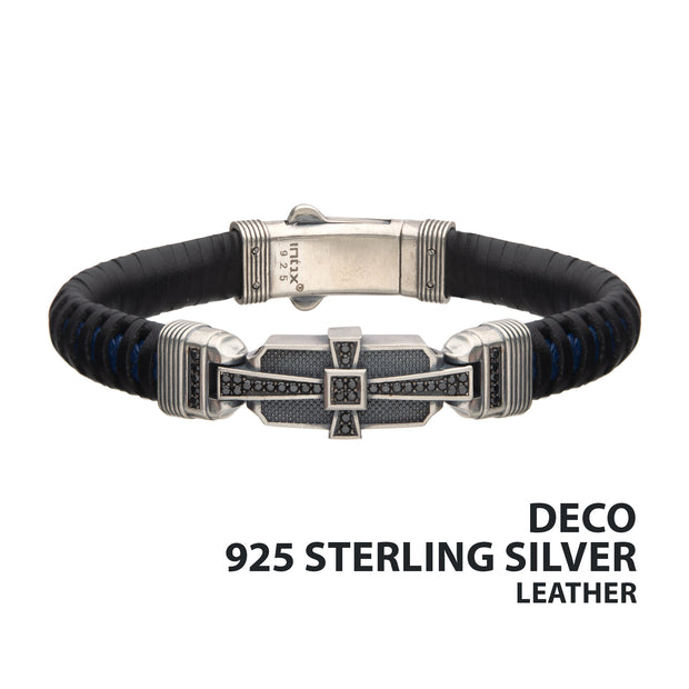 Genuine Sterling Silver with Black & Blue Leather & 40pc Black CZ Bracelet