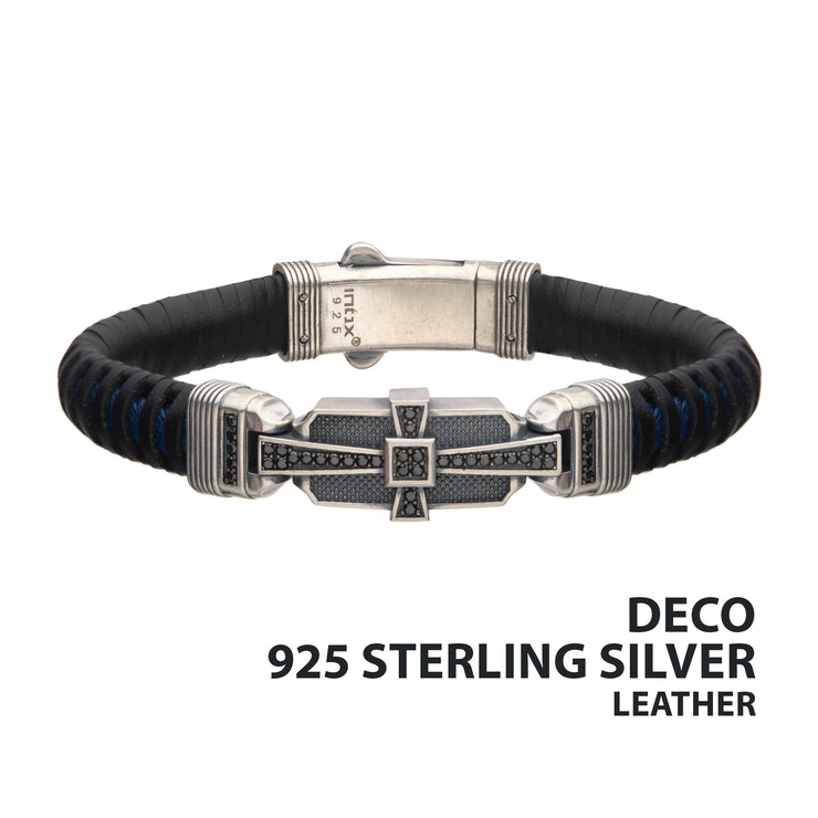 Genuine Sterling Silver with Black & Blue Leather & 40pc Black CZ Bracelet