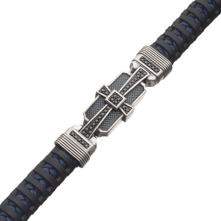 Genuine Sterling Silver with Black & Blue Leather & 40pc Black CZ Bracelet