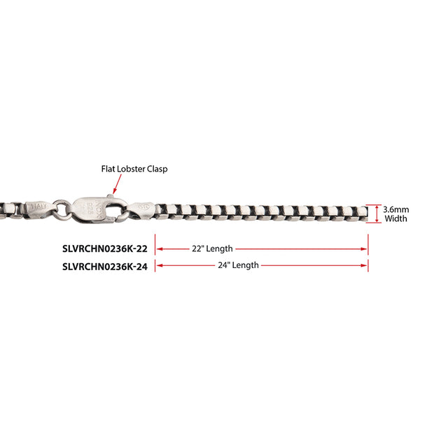 3.6mm 925 Italy Silver Black Rhodium Plated Brushed Satin Finish Box Chain Necklace
