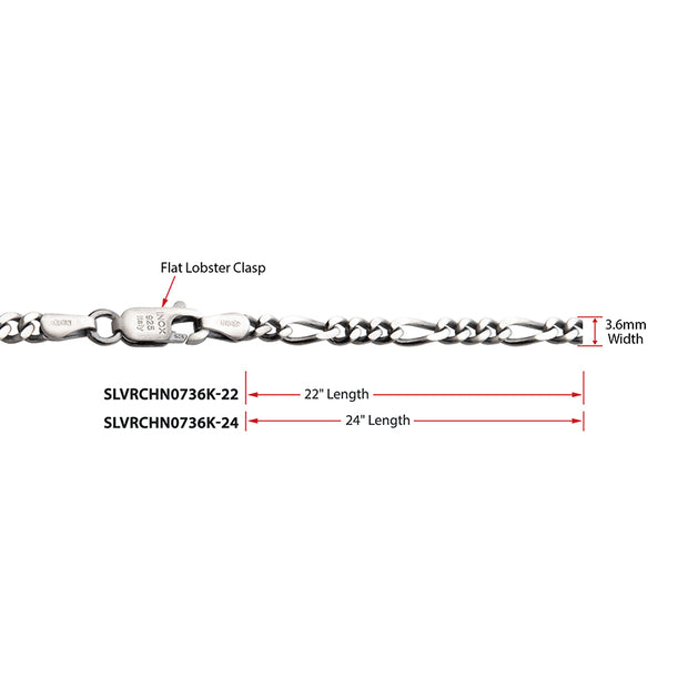 3.6mm 925 Italy Silver Black Rhodium Plated Brushed Satin Finish Figaro Chain Necklace