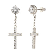 Stainless Steel Prong Set Clear Gem Stud Earrings with Pave Gem Cross Dangle