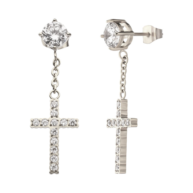 Stainless Steel Prong Set Clear Gem Stud Earrings with Pave Gem Cross Dangle