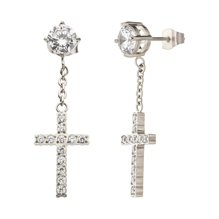 Stainless Steel Prong Set Clear Gem Stud Earrings with Pave Gem Cross Dangle