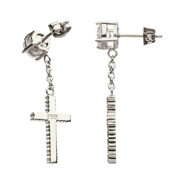 Stainless Steel Prong Set Clear Gem Stud Earrings with Pave Gem Cross Dangle