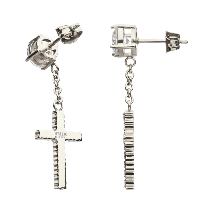 Stainless Steel Prong Set Clear Gem Stud Earrings with Pave Gem Cross Dangle