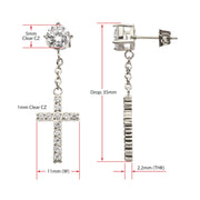 Stainless Steel Prong Set Clear Gem Stud Earrings with Pave Gem Cross Dangle