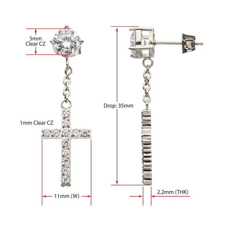 Stainless Steel Prong Set Clear Gem Stud Earrings with Pave Gem Cross Dangle
