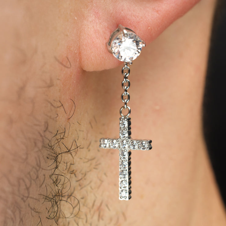 Stainless Steel Prong Set Clear Gem Stud Earrings with Pave Gem Cross Dangle