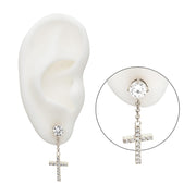 Stainless Steel Prong Set Clear Gem Stud Earrings with Pave Gem Cross Dangle