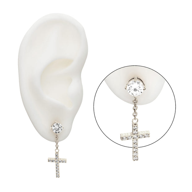 Stainless Steel Prong Set Clear Gem Stud Earrings with Pave Gem Cross Dangle