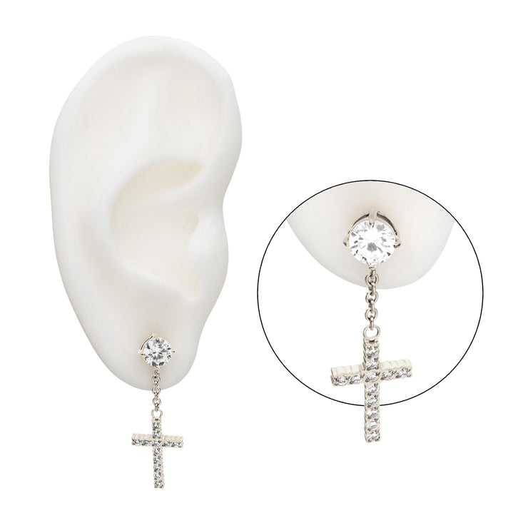 Stainless Steel Prong Set Clear Gem Stud Earrings with Pave Gem Cross Dangle