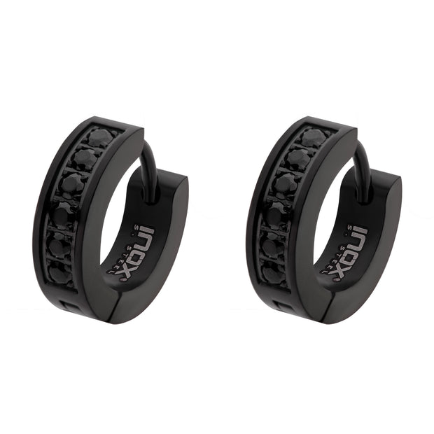 Black IP with Prong Set Round Black CZ Huggie Earrings